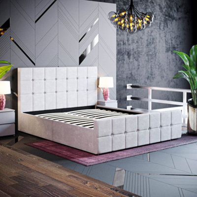 Vida Designs Valentina Light Grey Velvet 5ft King Size Ottoman Bed Frame, 200 x 150cm