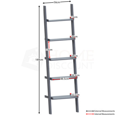 Vida Designs York Grey 5 Tier Ladder Bookcase Freestanding Open Shelf (H)1890mm (W)560mm (D)325mm