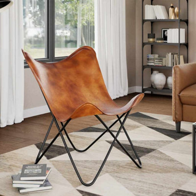 Vidaxl Butterfly Chair Brown Real Leather Butterfly Chairs