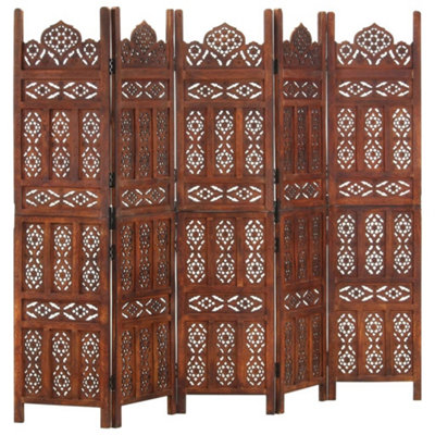 Vidaxl Hand Carved 5-panel Room Divider Brown 200x165 Cm Solid Mango Wood Room Dividers