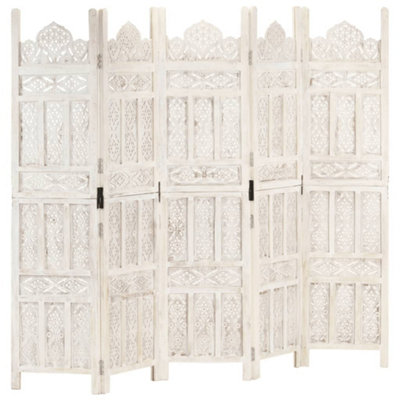 Vidaxl Hand Carved 5-panel Room Divider White 200x165 Cm Solid Mango ...