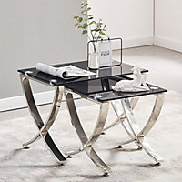Vienna Black Glass Nest Of 2 Tables With Angular Stainless Legs