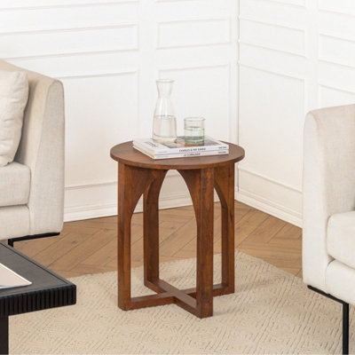 Viera Round Side Table with Arched X-Base, Solid Mango Wood Bedside End ...
