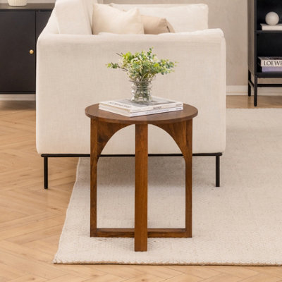 Viera Round Side Table with Arched X-Base, Solid Mango Wood Bedside End ...