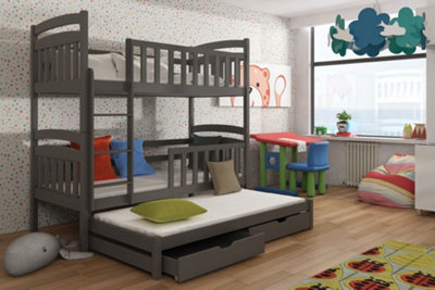 Viki Bunk Bed with Trundle, Foam/Bonnell Mattresses and Storage in Graphite W1980mm x H1710mm x D980mm