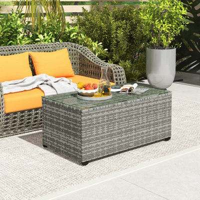 Vimi 90cm Light Grey Rattan Side Table with Tempered Glass Top