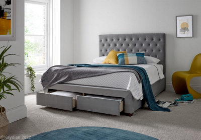 Vindolanda Storage Bed Frame with Drawers Silver Grey Velvet Fabric