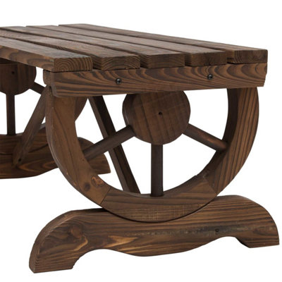 Vini Wood Brown Rustic Two-Seater Garden Bench with Wagon Wheel Legs ...