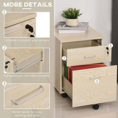 Vinsetto 2 Drawer Locking Office Filing Cabinet 5 Wheels Rolling Storage Oak
