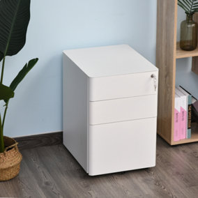 Vinsetto 3 Draw Metal Filing Cabinet Lockable 4 Wheels Compact Under Desk White