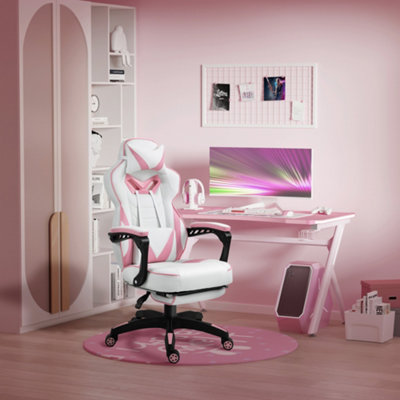 Vinsetto Gaming Chair Ergonomic Reclining Manual Footrest 5 Wheels Stylish Pink
