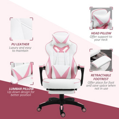 Vinsetto Gaming Chair Ergonomic Reclining Manual Footrest 5 Wheels Stylish Pink