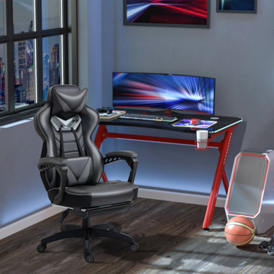 Vinsetto Gaming Chair Ergonomic Reclining Manual Footrest Wheels Stylish Grey