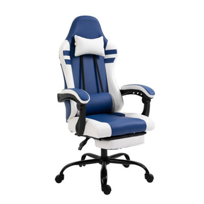 Vinsetto Gaming Chair w/ Headrest, Footrest, Racing Gamer Recliner, Blue White