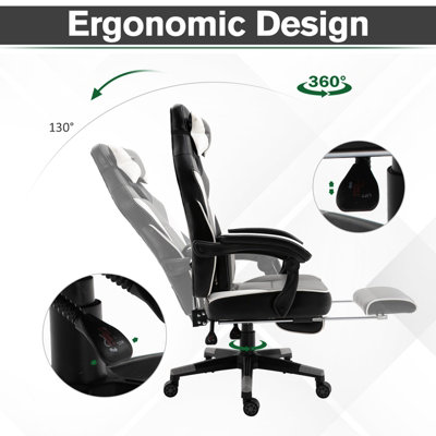Vinsetto Gaming Chair with Footrest Computer Chair with Lumbar Pillow Grey
