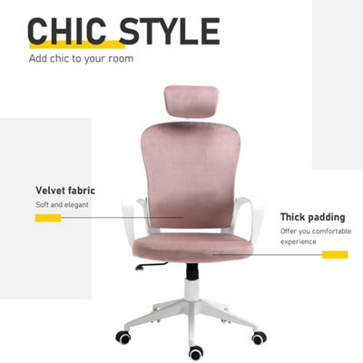 Vinsetto High-Back Office Chair Velvet Style Fabric Computer Home Rocking with Wheels, Rotatable Liftable Headrest, Pink