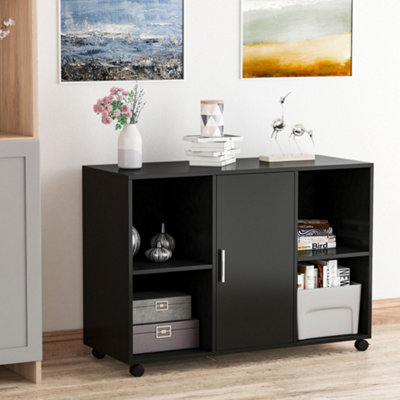 File Cabinet with Lock and Drawer, Mobile Lateral Filing Cabinet Printer Stand with Wheels and Storage Shelves, Black