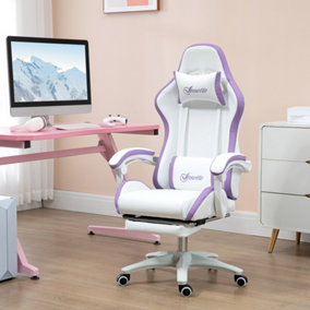 Vinsetto Racing Gaming Chair, Reclining PU Leather Computer Chair Footrest, Removable Headrest and Lumber Support White and Purple