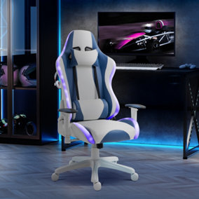 Vinsetto RGB LED Light Gaming Chair, PU Leather Thick Padding High Back Office Chair with Removable Pillows, White Blue