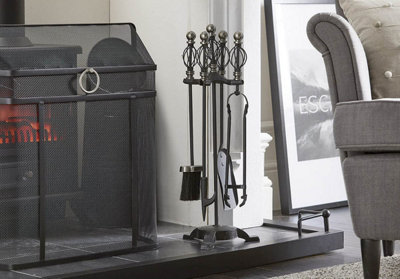 Vintage 5 Pcs Victoria Style Brass Iron Scroll Indoor Fireplace Companion Tools Set Tong Brush Poker & Shovel Black Pewter FIRE34