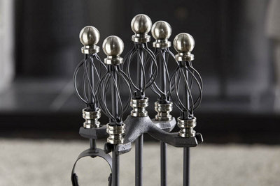 Vintage 5 Pcs Victoria Style Brass Iron Scroll Indoor Fireplace Companion Tools Set Tong Brush Poker & Shovel Black Pewter FIRE34