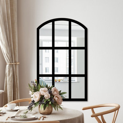 Vintage Arch Decorative Wall Mounted Wooden Framed Indoor Window Pane Mirror Black W 50.8 cm x H 83.8 cm