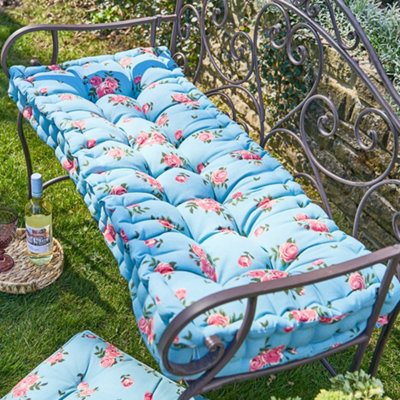 Vintage Blue Floral Summer Outdoor Garden Bench Cushion (L)112cm x (W)44cm