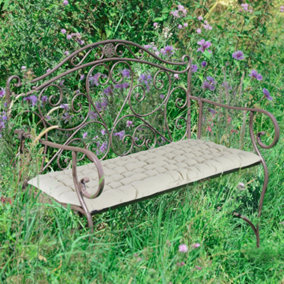 Vintage Brown Scrolled Iron Outdoor Garden Bench with Grey Bench Cushion