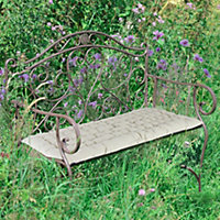 Vintage Brown Scrolled Iron Outdoor Garden Furniture Bench with Grey Bench Cushion
