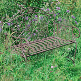 Vintage Brown Scrolled Iron Outdoor Summer Garden Bench