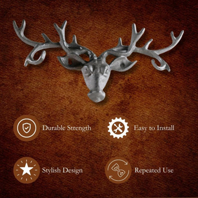 Vintage Cast Iron Stag's Head with 6 Deer Antler Hooks - 3