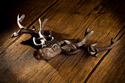 Vintage Cast Iron Stag's Head with 6 Deer Antler Hooks - 4