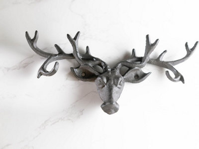 Vintage Cast Iron Stag's Head with 6 Deer Antler Hooks - 5