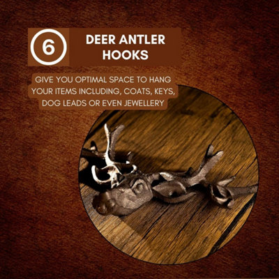 Vintage Cast Iron Stag's Head with 6 Deer Antler Hooks - 6