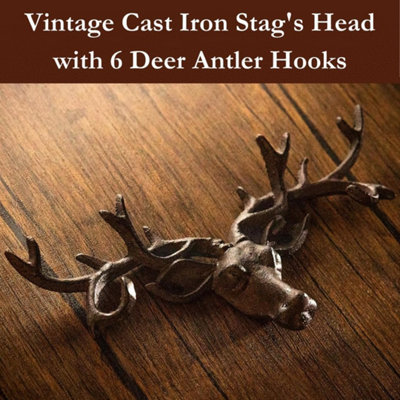 Vintage Cast Iron Stag's Head with 6 Deer Antler Hooks - 8