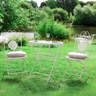 Vintage Cream 3 Piece Outdoor Alfresco Garden Furniture Dining Table and Chair Folding Bistro Set with Round Seat Cushions