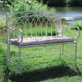 Vintage Cream Iron Arched Back Outdoor Garden Bench with Red Striped Bench Cushion