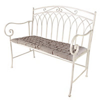 Vintage Cream Iron Arched Back Outdoor Garden Furniture Bench with Free Grey Seat Pad Cushion