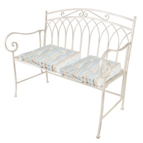 Vintage Cream Iron Arched Back Outdoor Garden Furniture Bench with Free Set of 2 Blue Box Cushions