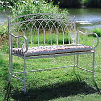 Vintage Cream Iron Arched Back Outdoor Garden Furniture Bench with Red Striped Bench Cushion