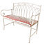 Vintage Cream Iron Arched Back Outdoor Garden Furniture Bench with Red Striped Bench Cushion