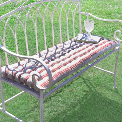 Vintage Cream Iron Arched Back Outdoor Garden Furniture Bench with Red Striped Bench Cushion - 3