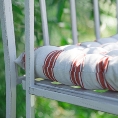 Vintage Cream Iron Arched Back Outdoor Garden Furniture Bench with Red Striped Bench Cushion - 5