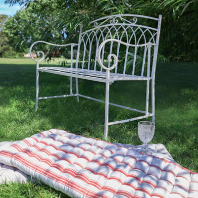 Vintage Cream Iron Arched Back Outdoor Garden Furniture Bench with Red Striped Bench Cushion - 6