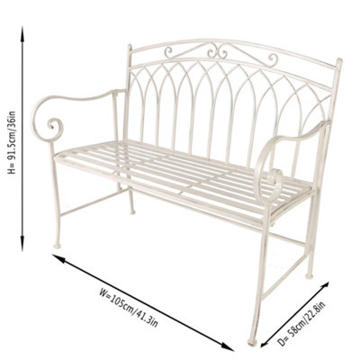 Vintage Cream Iron Arched Back Outdoor Garden Furniture Bench with Red Striped Bench Cushion - 7
