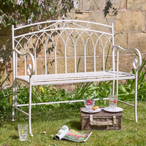 Vintage Cream Iron Arched Back Outdoor Garden Furniture Bench