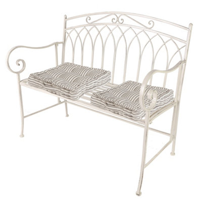 Vintage Cream Iron Arched Back Outdoor Garden Furniture Companion Seat Garden Bench with Free Set of 2 Grey Box Cushions