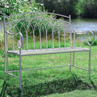 Vintage Cream Iron Arched Back Outdoor Garden Furniture Companion Seat Garden Bench with Free Set of 2 Grey Box Cushions
