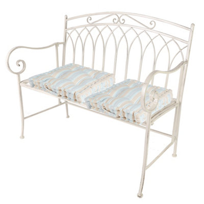 Vintage Cream Iron Arched Back Outdoor Garden Furniture Garden Bench with Free Set of 2 Blue Box Cushions