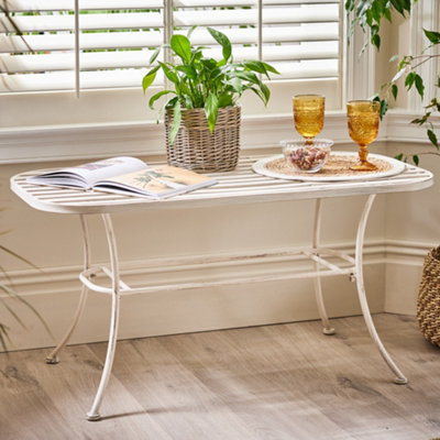 Vintage Cream Iron Slatted Outdoor Garden Furniture Coffee Table